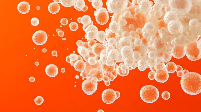 Microscopic Close Up of Budding Yeast Cells in 3D Render on Vibrant Orange Background