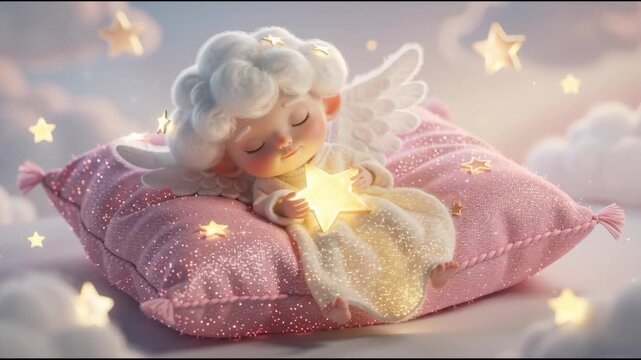Cute baby angel sleeping with glowing star on sparkly pink pillow