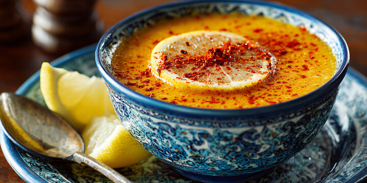 Turkish Lentil Soup Bowl with Lemon Slice