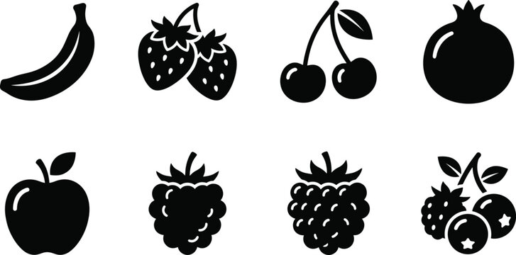 Black fruit silhouette icons set with banana strawberry cherry pomegranate apple blackberry raspberry blueberry isolated on white background vector graphics