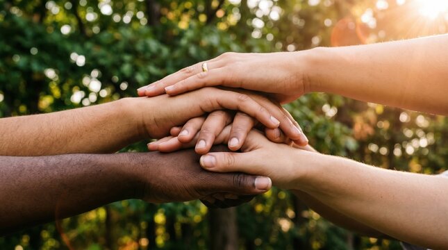 Teamwork, unity concept, group of friends put their hands together with copy space