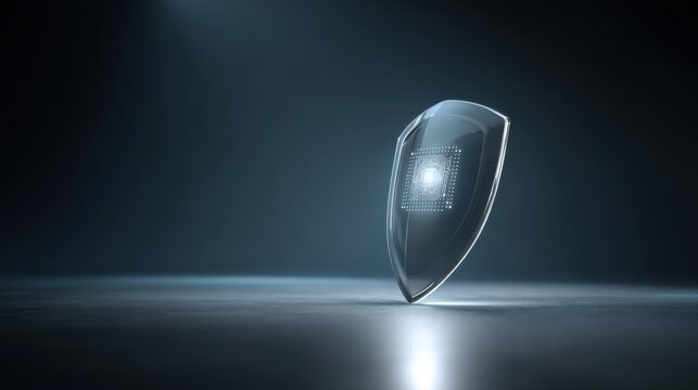 A transparent shield with a glowing light inside, symbolizing protection and security. The shield is on a reflective surface with a dark, moody background