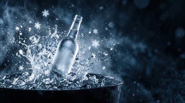Cold glass bottle splashing in ice bucket with snowflakes and frost on dark background. copy space