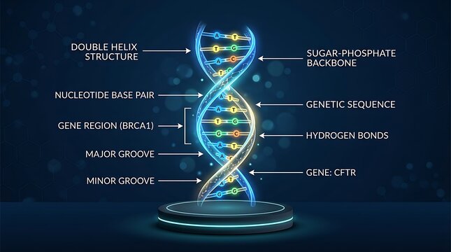 DNA double helix structure diagram, glowing genetic sequence with labels, medical biotechnology illustration of gene regions and nucleotide base pairs
