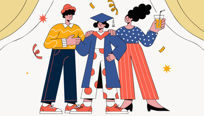 Obraz premium Flat vector illustration of a graduation celebration with a student and friends toasting with drinks graduation celebration education academic achievement confetti accomplishment university