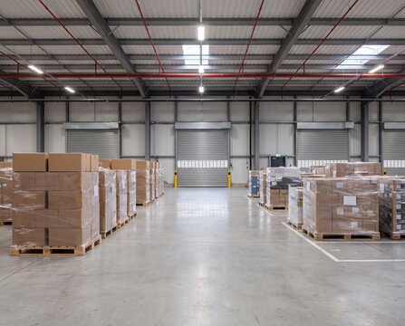 Palletized Cargo Handling Zone with pallet staging lanes and loading doors, premium stock visual for E-Commerce Fulfillment Promotion