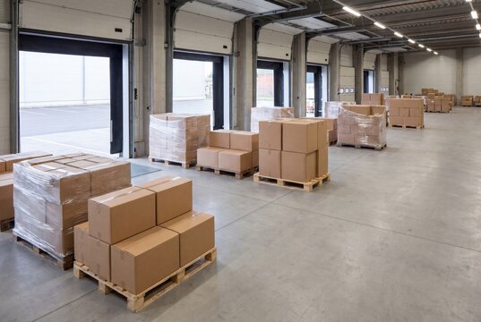 Commercial Freight Processing Space with pallet staging lanes and loading doors, premium stock visual for Supply Chain Promotion