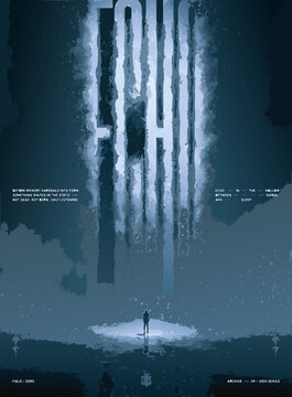 Abstract conceptual illustration featuring a lone figure standing in a vast dark void with glowing text elements abstract conceptual minimalist silhouette typography atmospheric existential
