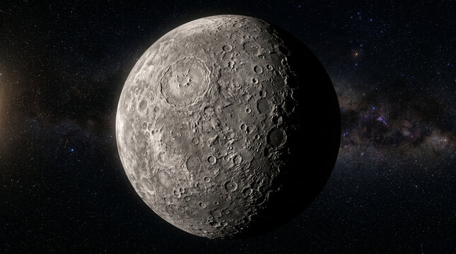 Detailed Orbital View of Mercury Showing Cratered Surface, Impact Basins and Rocky Planetary Terrain in Deep Space