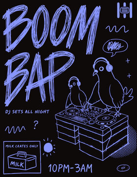 Boom bap music event poster featuring dj pigeons turntable illustration equipment entertainment creative handwriting typography nightlife performance festival headphones