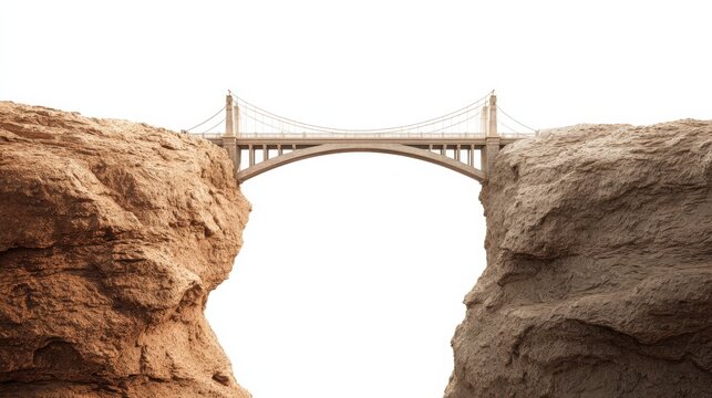 A strong bridge connecting two rocky cliffs against a white background