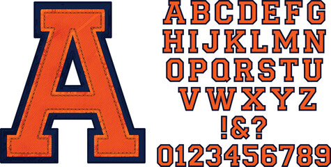 Embroidered varsity alphabet font set with orange stitched collegiate athletic sports block letters and numbers vector illustration isolated on white © Md abusufian