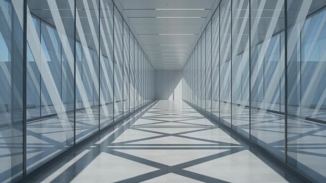 Modern building futuristic corridor with sunbeams and moving shadows. Empty glass walled hallway in an office building or airport creating a feeling of spaciousness and light