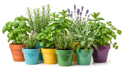 Fototapeta premium Fresh herbs growing in colorful pots, including basil, mint, and rosemary, isolated on white.