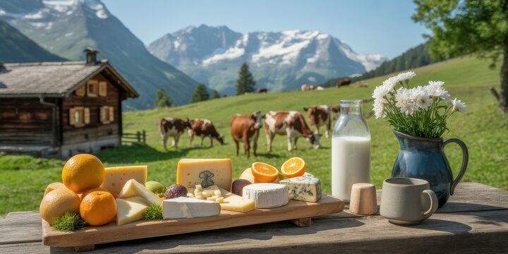 Rustic cheese platter and fresh milk on a wooden table in the Swiss Alp with grazing cow