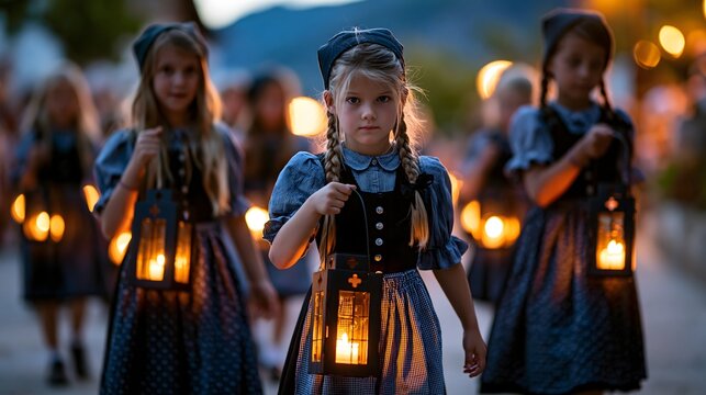 Kinder mit traditionellen Laternen beim Lampionumzug am Schweizer Bundesfeiertag