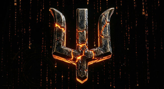 Stylized Metallic Ukrainian Trident with Glowing Lava Cracks on Dark Digital Background