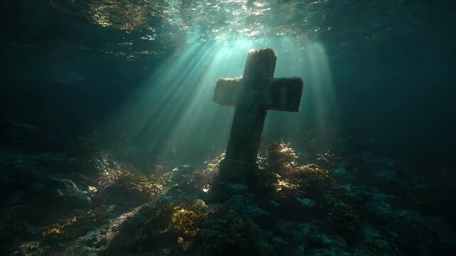 Lost ancient civilization archeology fantasy. A vivid underwater scene features a large, weathered stone cross. Sunlight filters through the water.