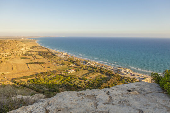 Panoramic high angle view of Kourion beach and Mediterranean sea coastline in Cyprus countryside during June
