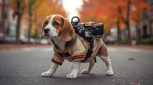 Cute Beagle Puppy Dressed as Ghostbusters with Camera on Autumn Street Scene