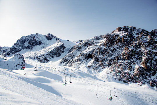 Ski Resort view of ski track landscape in winter Shymbulak, Alma Ata, Kazakhstan