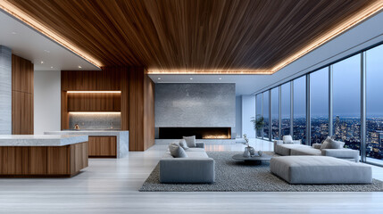 Fototapeta premium Ultra luxury penthouse interior with panoramic city view, modern furniture, wood ceiling, marble accents, evening ambiance