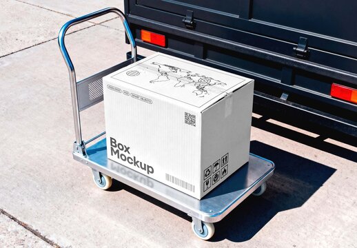 White Cardboard Box Mockup On Cart For Packaging Branding