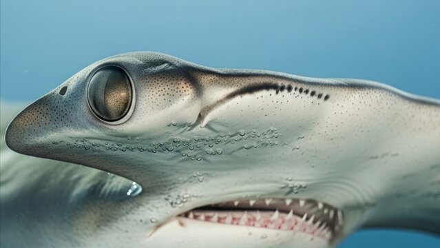 Animal - Extreme Close Up of a Shark Head Showing Large Eye Teeth and Electroreceptor Pores Underwater