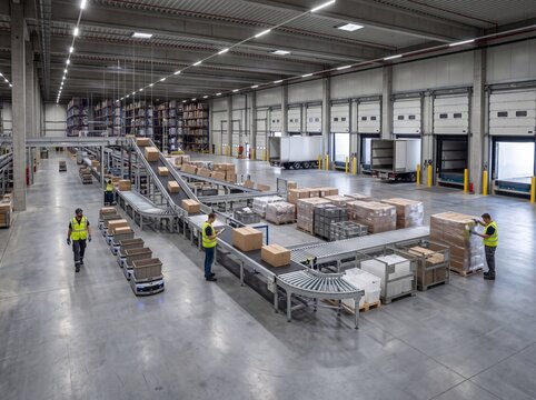 Automated Order Processing Warehouse with automated mobile robots and shipping workflow, brochure-ready scene for E-Commerce Fulfillment Promotion