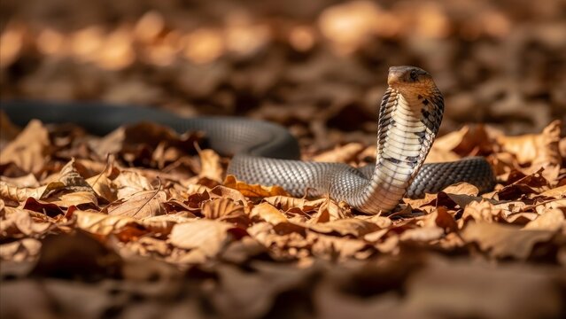 Animal - Indian Cobra Rearing Up in Alert Defensive Pose Among Dry Fallen Leaves in Natural Habitat