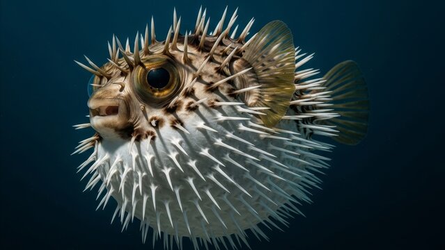 Animal - Inflated Porcupinefish with Sharp Spines and Large Eyes Swimming in Deep Blue Ocean Water