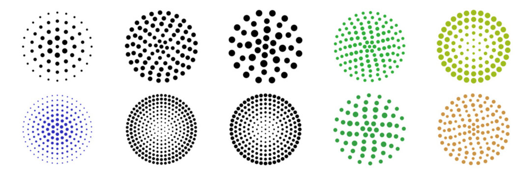Ten circular halftone patterns arranged in two rows with transparent background