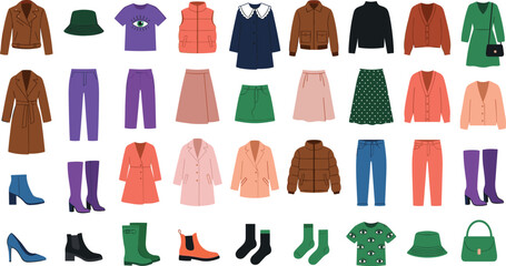 Clothing and accessories vector illustration with jackets, coats, tops, pants, skirts, shoes, boots, and fashion design © SHANJIDA