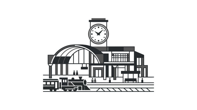 Modern train station building with clock tower and locomotive, monochrome illustration