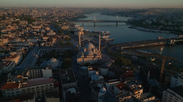 Yeni Mosque, Istanbul aerial overview in early morning with Atat&uuml;rk Bridge and Golden Horn in the backdrop