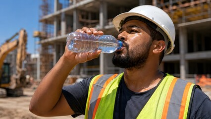 Construction worker drinking water during heatwave at site © Jessica