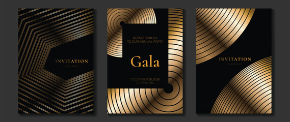 Fototapeta na wymiar Art Deco invitation vector set. Luxury black and gold geometric backgrounds with elegant line frames for gala events, wedding cards, posters and premium covers.