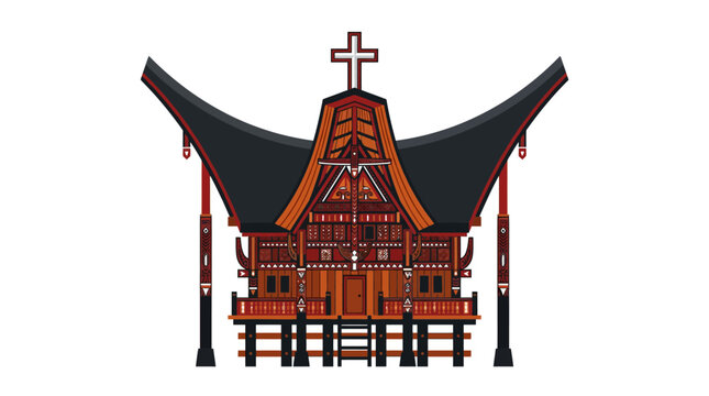 Traditional Batak House with Cross - Ethnic Architecture Illustration