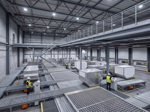 Airport Cargo Warehouse Interior with air freight handling lanes and logistics workers, premium stock visual for Air Cargo Service Promotion