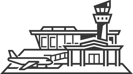 Obraz premium Modern Airport Terminal Building with Airplane and Control Tower Icon