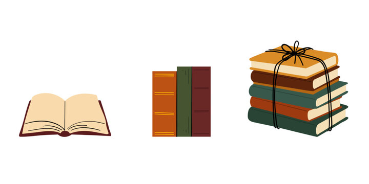 Cozy books collection, open book and stack hand drawn illustration set