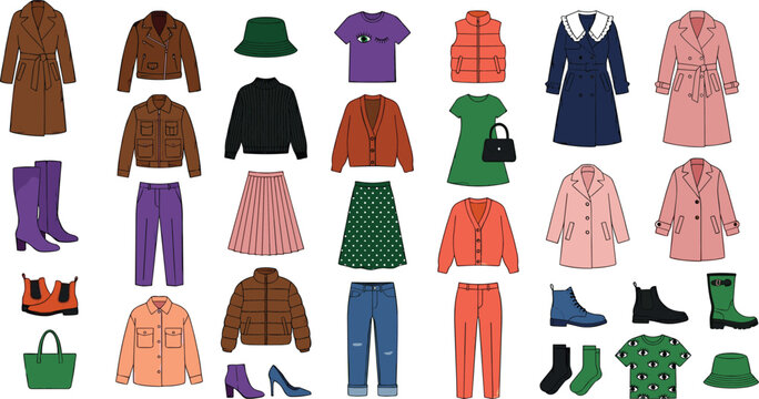 Wardrobe clothing and accessories vector illustration with coats, jackets, sweaters, skirts, pants, shoes, and handbags design