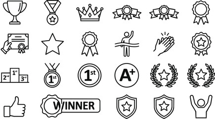 Fototapeta premium Badge Icons Set with Crowns, Medals, Winner Ribbon, Stars, Hands, Shields, and Checkmarks in a Clean Black Outline Style for Game Ui and Achievements