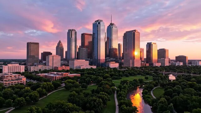 Aerial view of the dallas skyline at sunset with a reflection in the trinity river