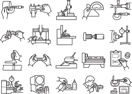 A collection of line art illustrations depicting various precision measuring instruments and their usage in an industrial or laboratory setting.