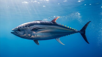 Obraz premium Animal - Atlantic Bluefin Tuna Swimming Underwater in Clear Blue Ocean with Yellow Finlets and Sunrays