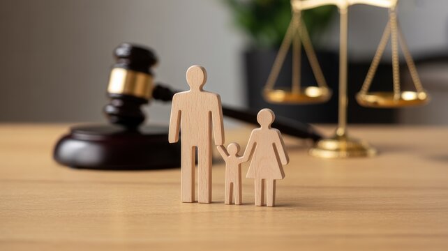 Wooden family figurines with judge's gavel and scales of justice on wooden table