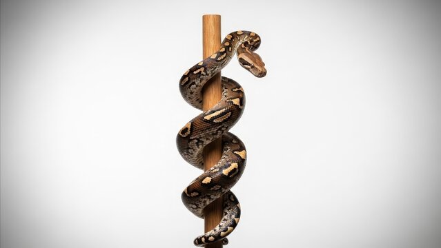 Animal - Ball Python Snake Coiled Around Wooden Rod Staff of Asclepius Medical Symbol Isolated White Background