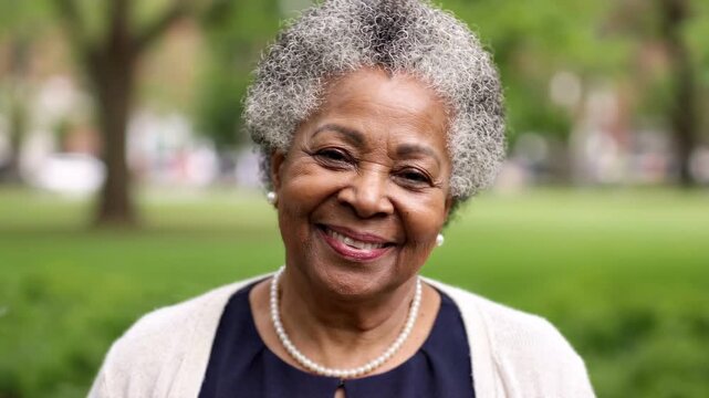 Portrait of a positive elderly African American Woman, looking at the camera with a smile and a good mood. 
An old black grandmother with gray hair possing in park outdoors. 