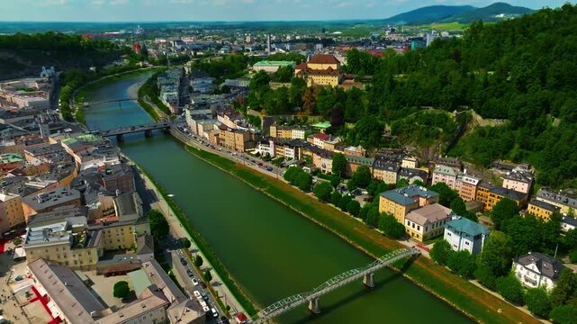 Aerial view of Austrian city of Salzburg is the birthplace of the famous composer Mozart